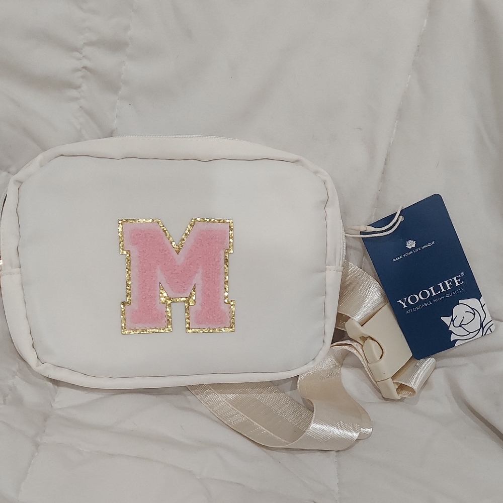 YOOLIFE Cream Crossbody Bag with Pink M Patch